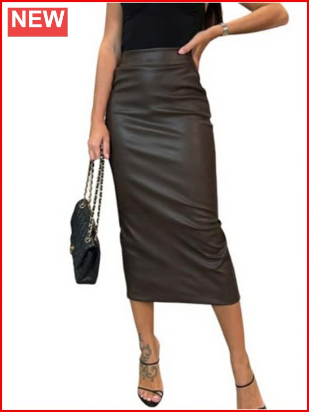 Womens Faux Leather Pencil Midi Skirt High Waist Bodycon